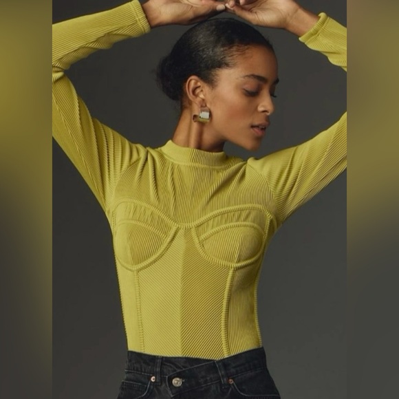 Anthropologie Blue Tassel Long-Sleeve Ribbed Corset Top NWOT - Picture 2 of 13